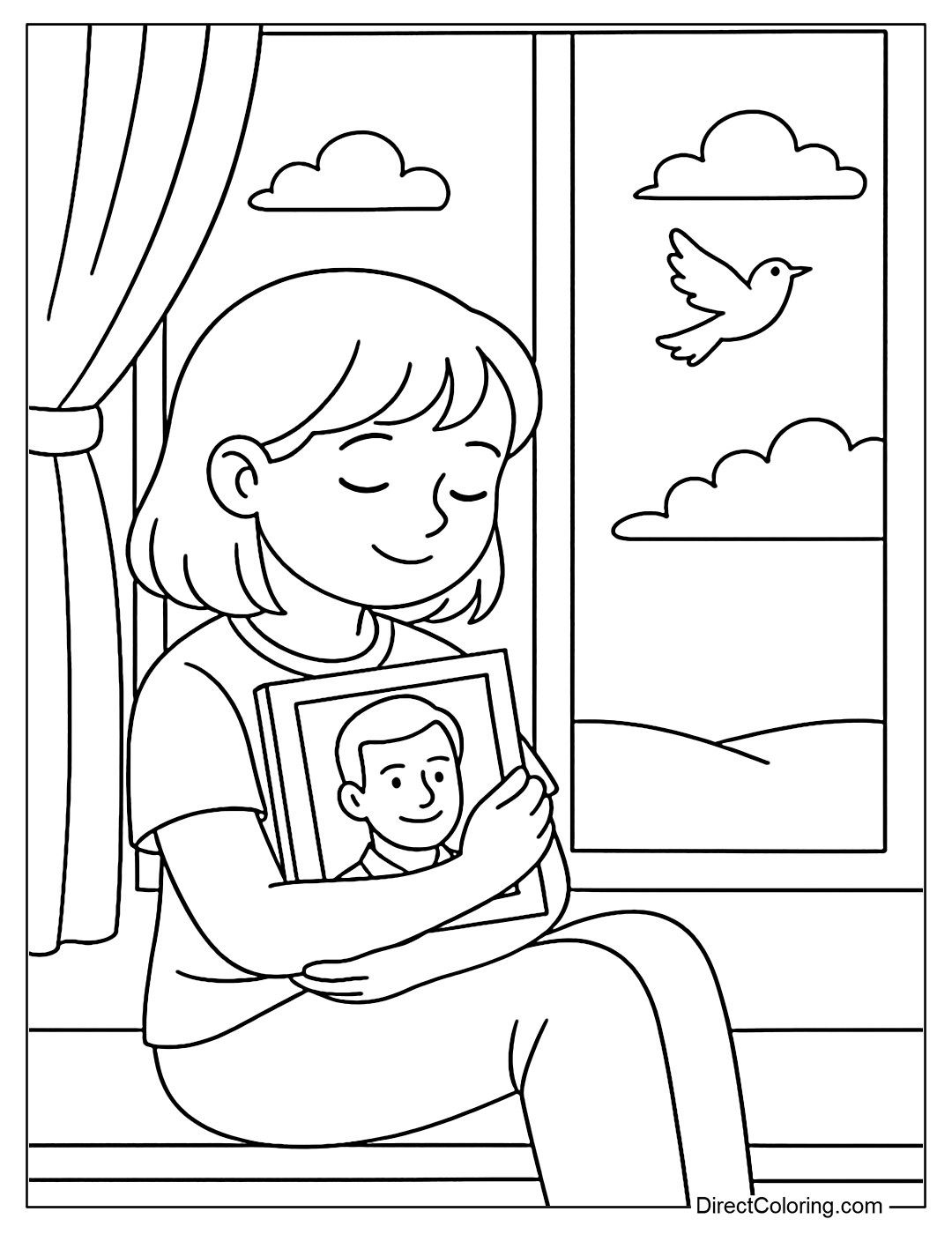 A coloring page of a child sitting by the window holding a photo of a loved one, with birds flying outside